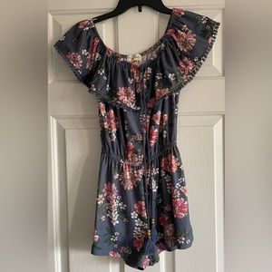 NWOT Derek Heart Romper Blue Floral Tropical Print Off The Shoulder Shorts Sz S